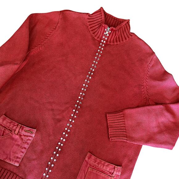 Quacker Factory Women's Red Cable Knit Zip Up Rhinestone Sweater 1X - Picture 1 of 10